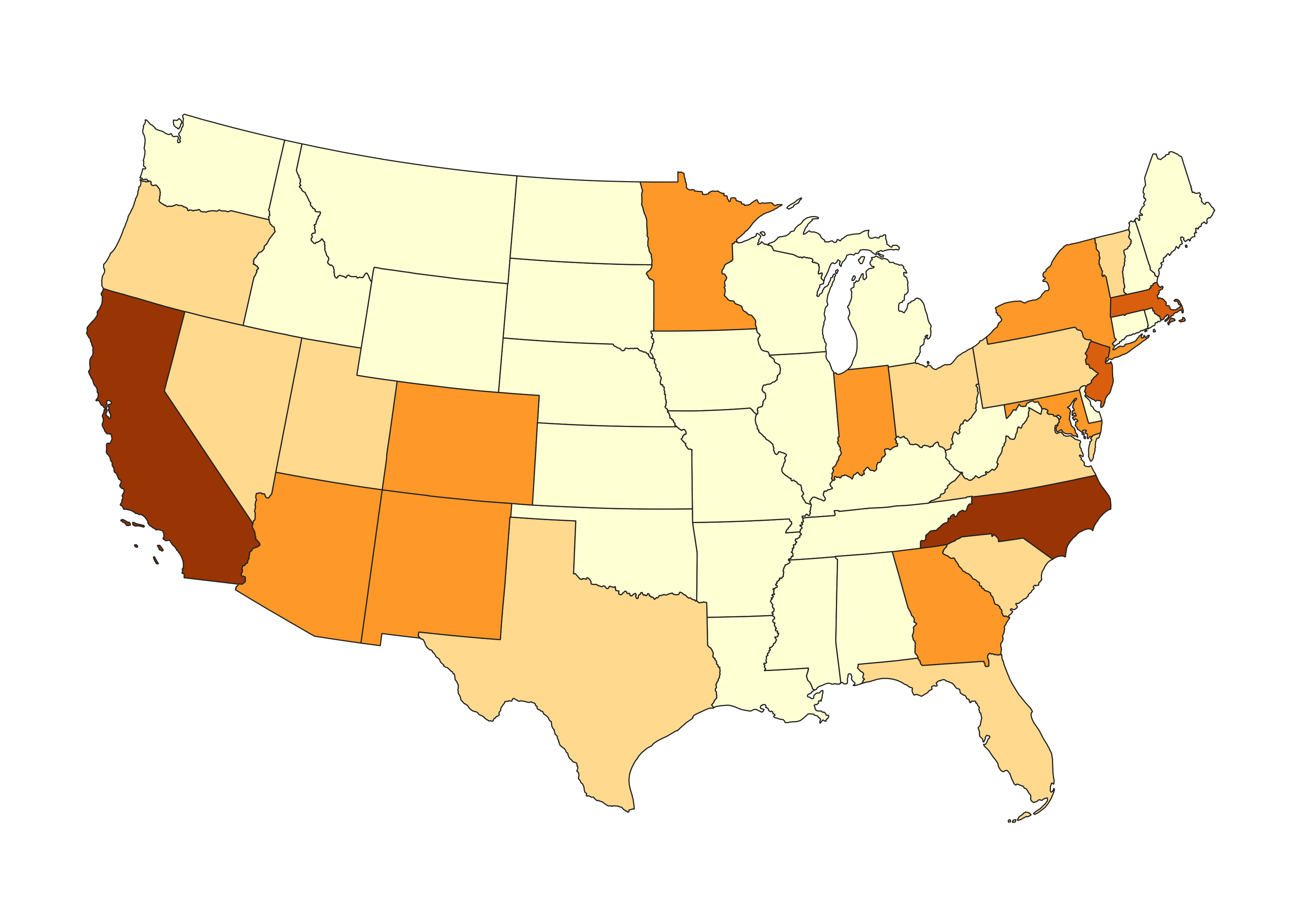 Choropleth map displaying number of solar plants per US state